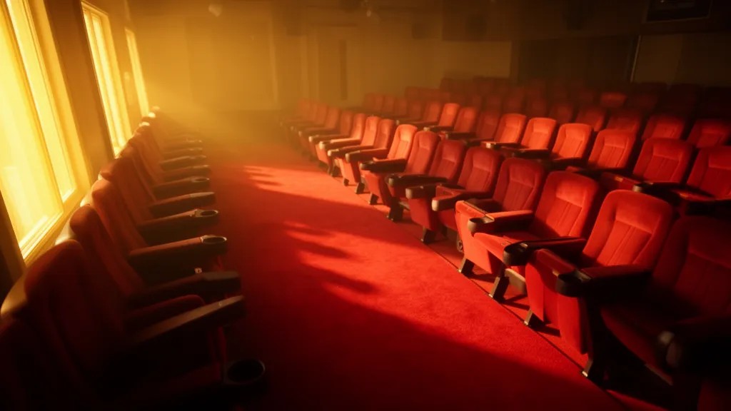 Fileira vazia de cinema com carpete vermelho, luz dourada entrando pelas janelas