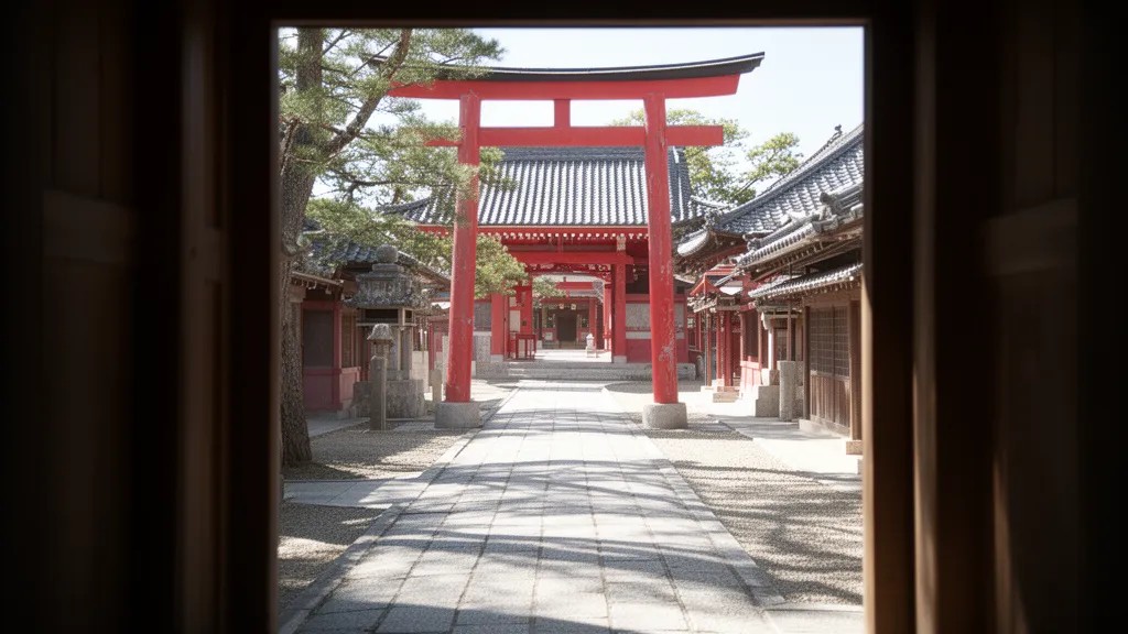 Vista de rua japonesa tradicional enquadrada por uma porta, com sombras duras de meio-dia