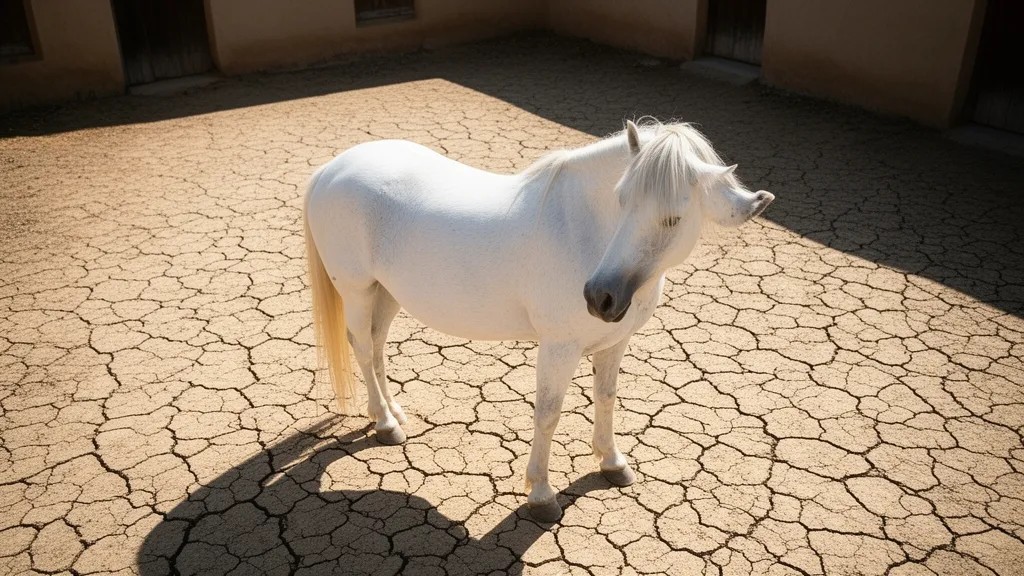 Cavalo branco parado em pátio seco, vista de cima, sombras fortes de meio-dia.