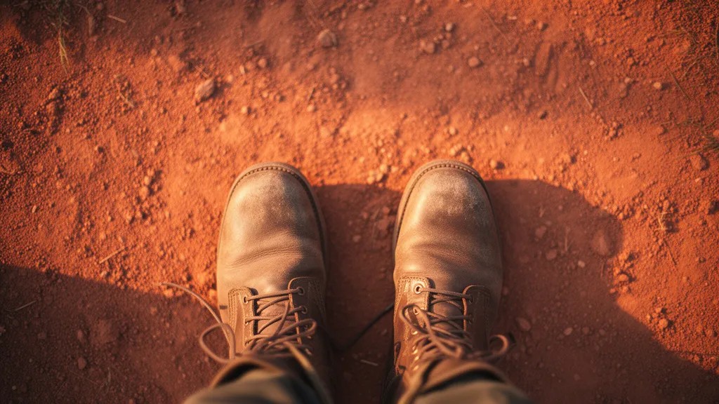 Botas de couro gastas sobre terra vermelha, luz dourada do fim da tarde.