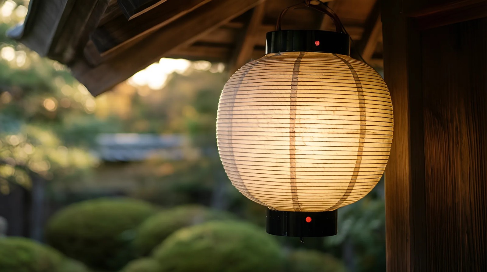 Lanterna japonesa de papel sob luz dourada, com folhagem desfocada ao fundo.