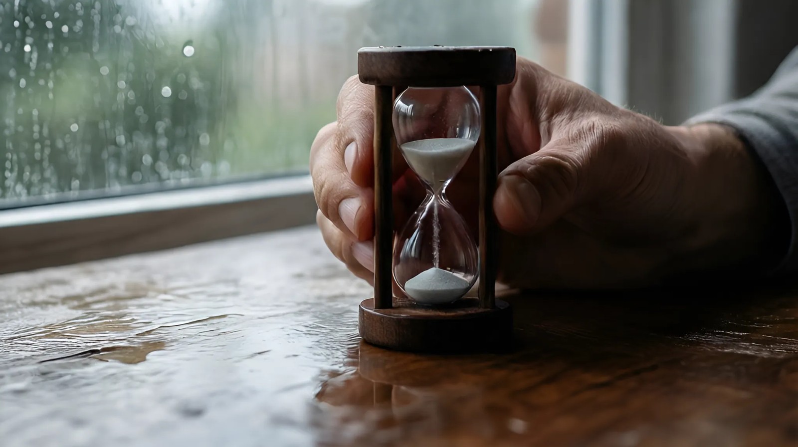 Timer de areia sobre uma mesa com janela molhada ao fundo, luz suave de chuva.