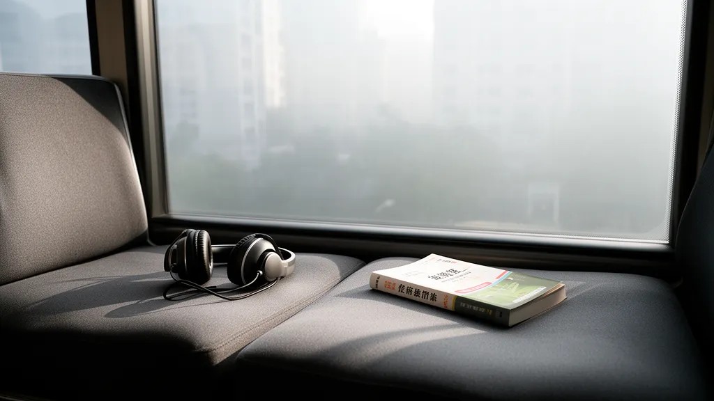 Assento de ônibus vazio com fones e livro fechado, janela embaçada pela névoa matinal.