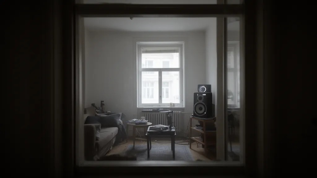Sala de apartamento com caixa de som ligada, luz natural difusa entrando pela janela.