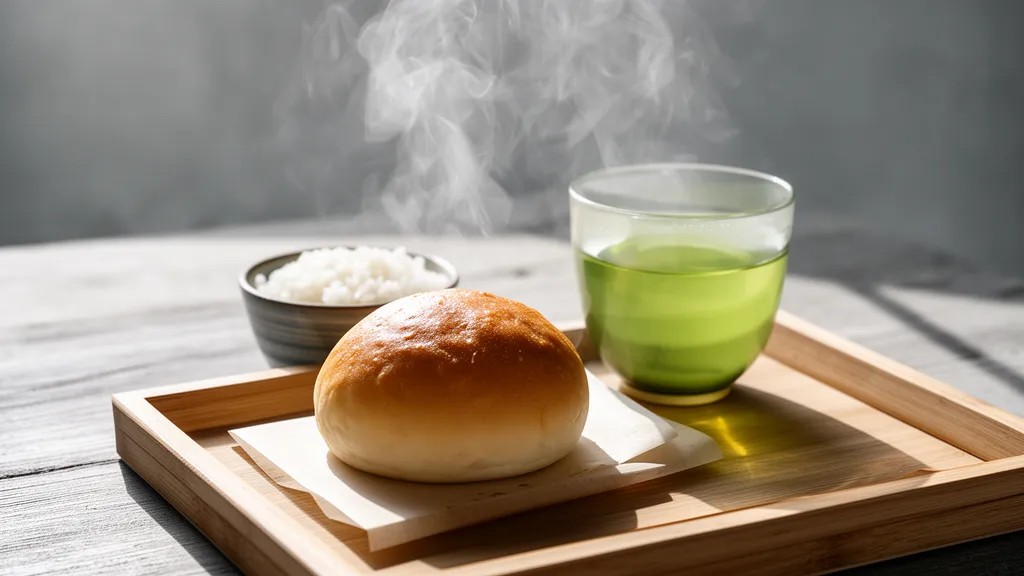 Tray de madeira com pão, arroz e chá, sob luz suave e difusa