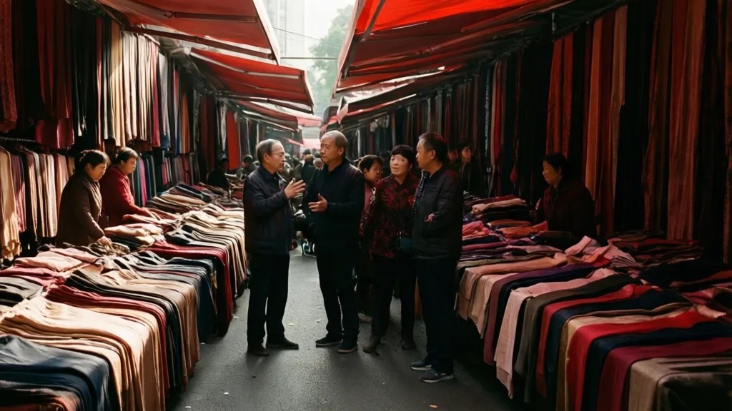 Vista ampla de mercado ao ar livre em Guangzhou, com barracas de tecidos e pessoas negociando